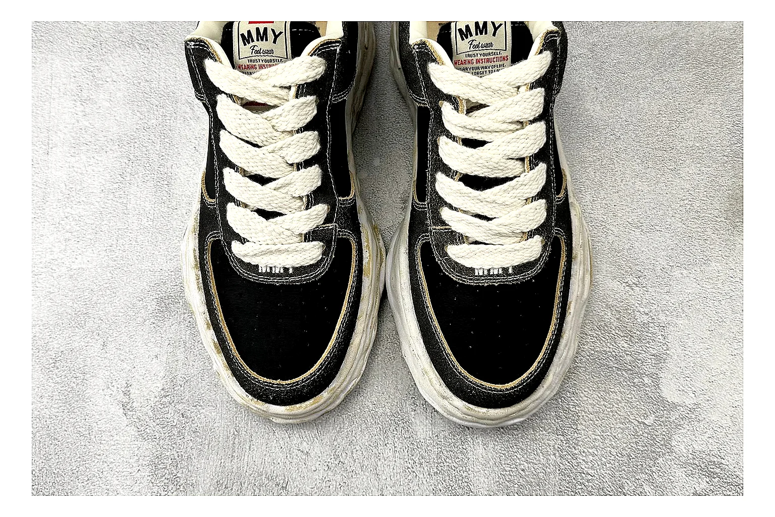 Maison Mihara Yasuhiro Blakey Black Distressed shopping brief photo showing black distressed canvas upper, warped sculpted white sole, low lace profile, and worn texture thumbnail 3