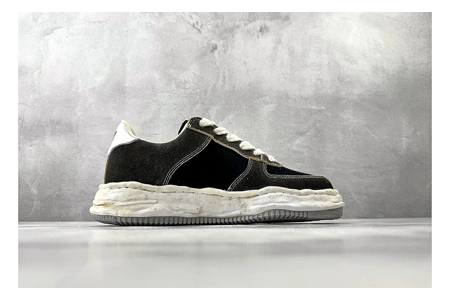 Maison Mihara Yasuhiro Blakey Black Distressed shopping brief photo showing black distressed canvas upper, warped sculpted white sole, low lace profile, and worn texture thumbnail 4