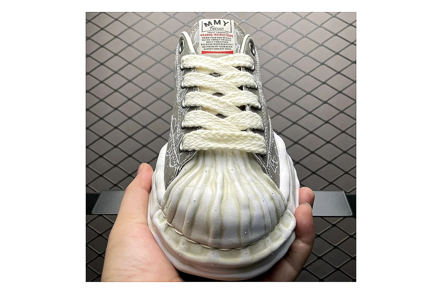 Maison Mihara Yasuhiro Blakey Grey shopping brief image showing white grey blakey distressed low-top with canvas upper and low top shape thumbnail 2