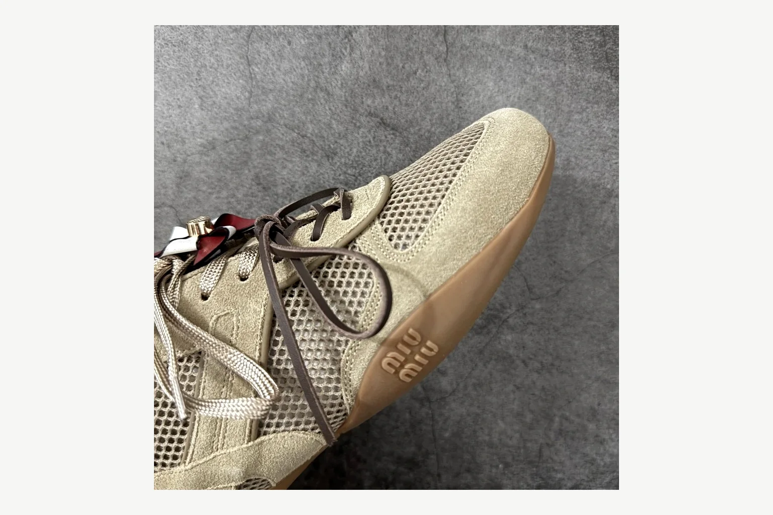 Miu Miu Beige Logo Sneaker shopping brief image showing beige logo low-top with mixed-material upper and low-profile shape thumbnail 3