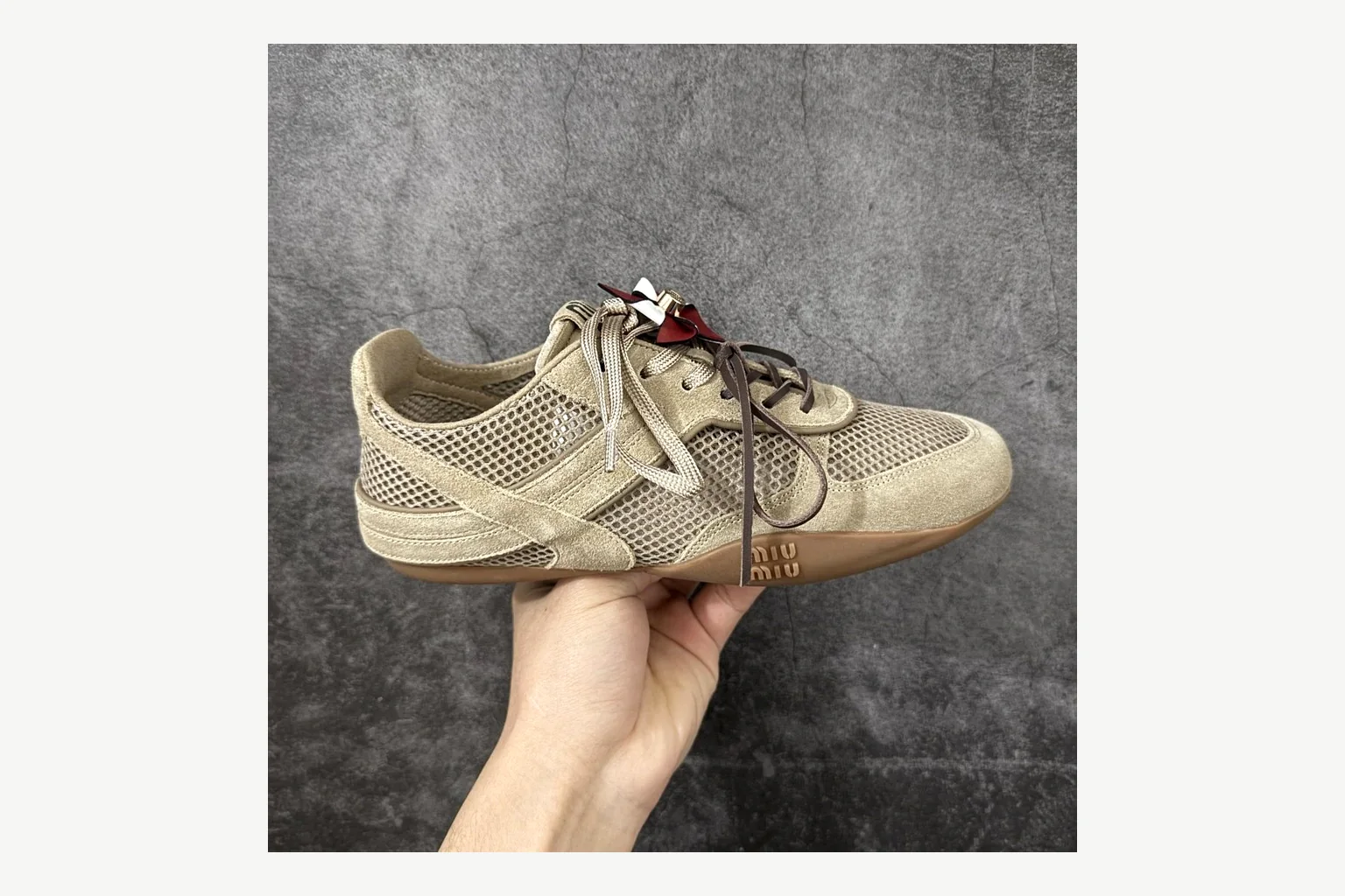 Miu Miu Beige Logo Sneaker shopping brief image showing beige logo low-top with mixed-material upper and low-profile shape thumbnail 4