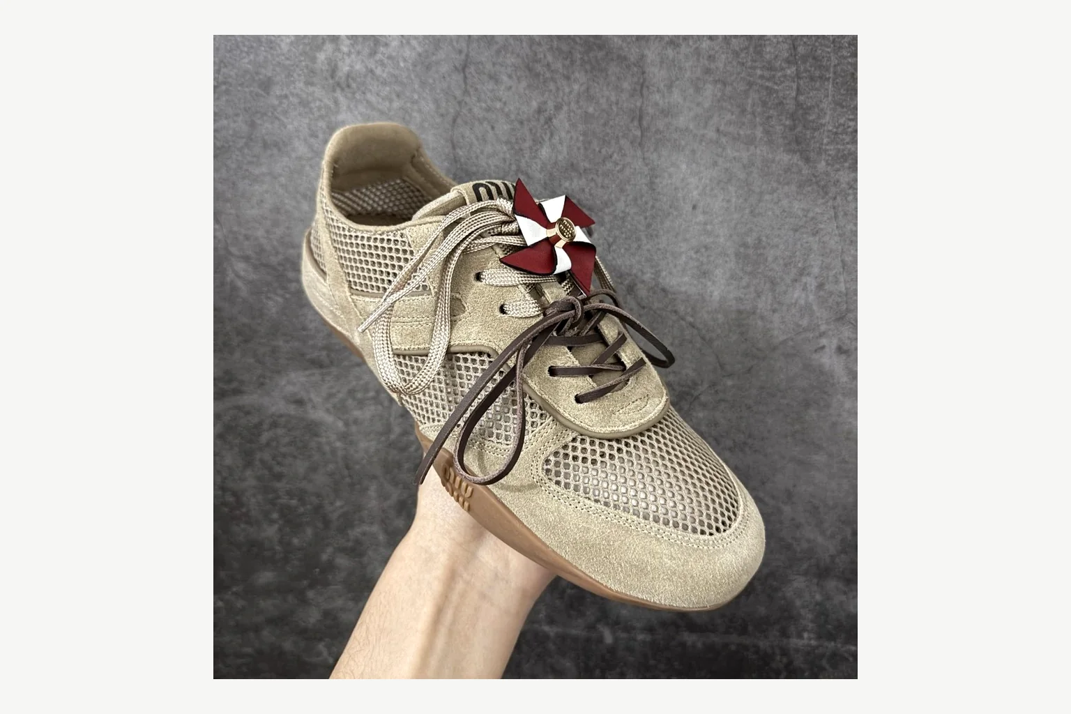 Miu Miu Beige Logo Sneaker shopping brief image showing beige logo low-top with mixed-material upper and low-profile shape thumbnail 5