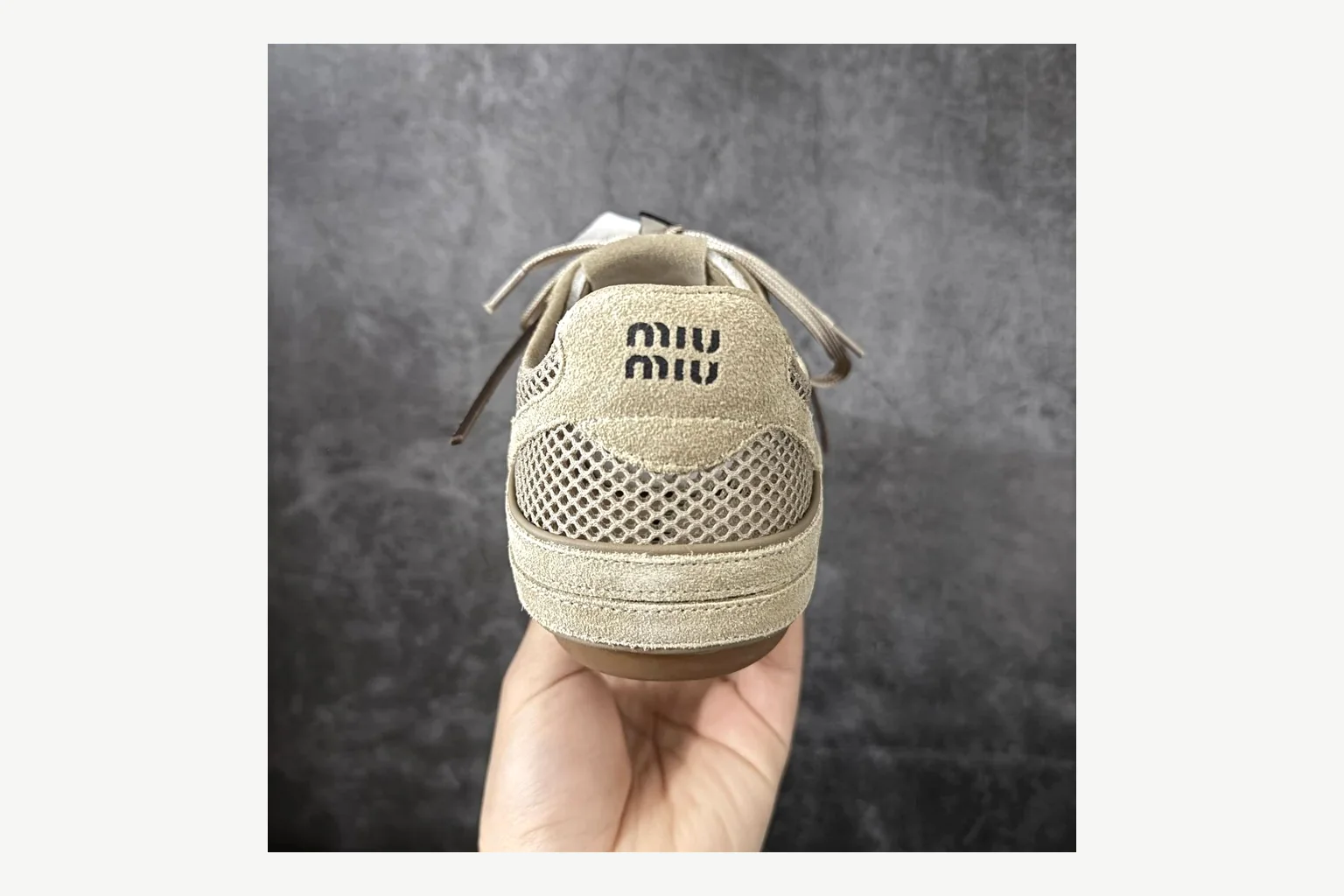 Miu Miu Beige Logo Sneaker shopping brief image showing beige logo low-top with mixed-material upper and low-profile shape thumbnail 6