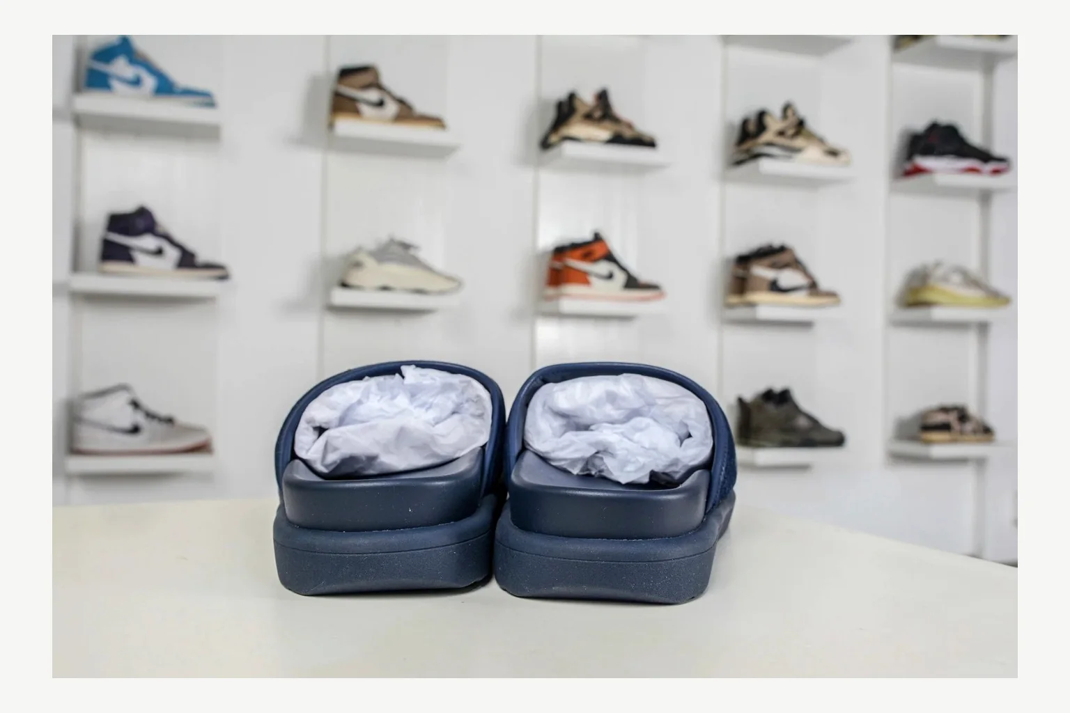 Miu Miu Navy Denim Slide shopping brief image showing navy denim denim slide with denim upper and low-profile shape thumbnail 4