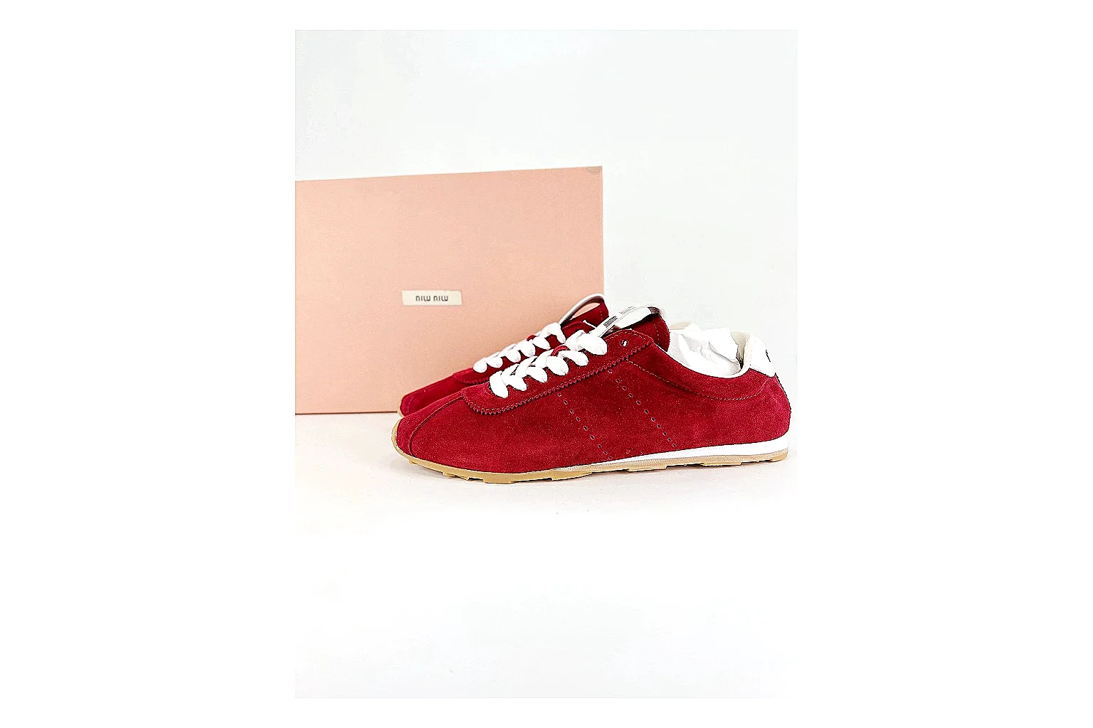 Miu Miu Red Suede Sneaker shopping brief image showing red fashion low-top with mixed-material upper and low-profile shape thumbnail 4