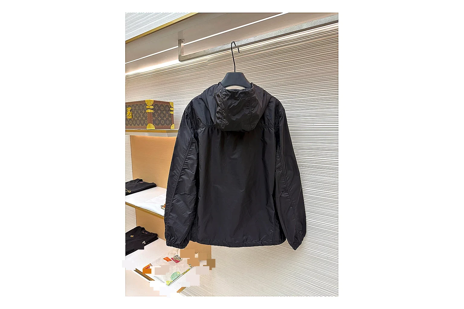 Moncler Nylon Hooded Jacket Black Jacket shopping brief image showing black nylon hooded jacket with nylon texture, hood structure, zipper line, sleeve cuffs, and light shell shape