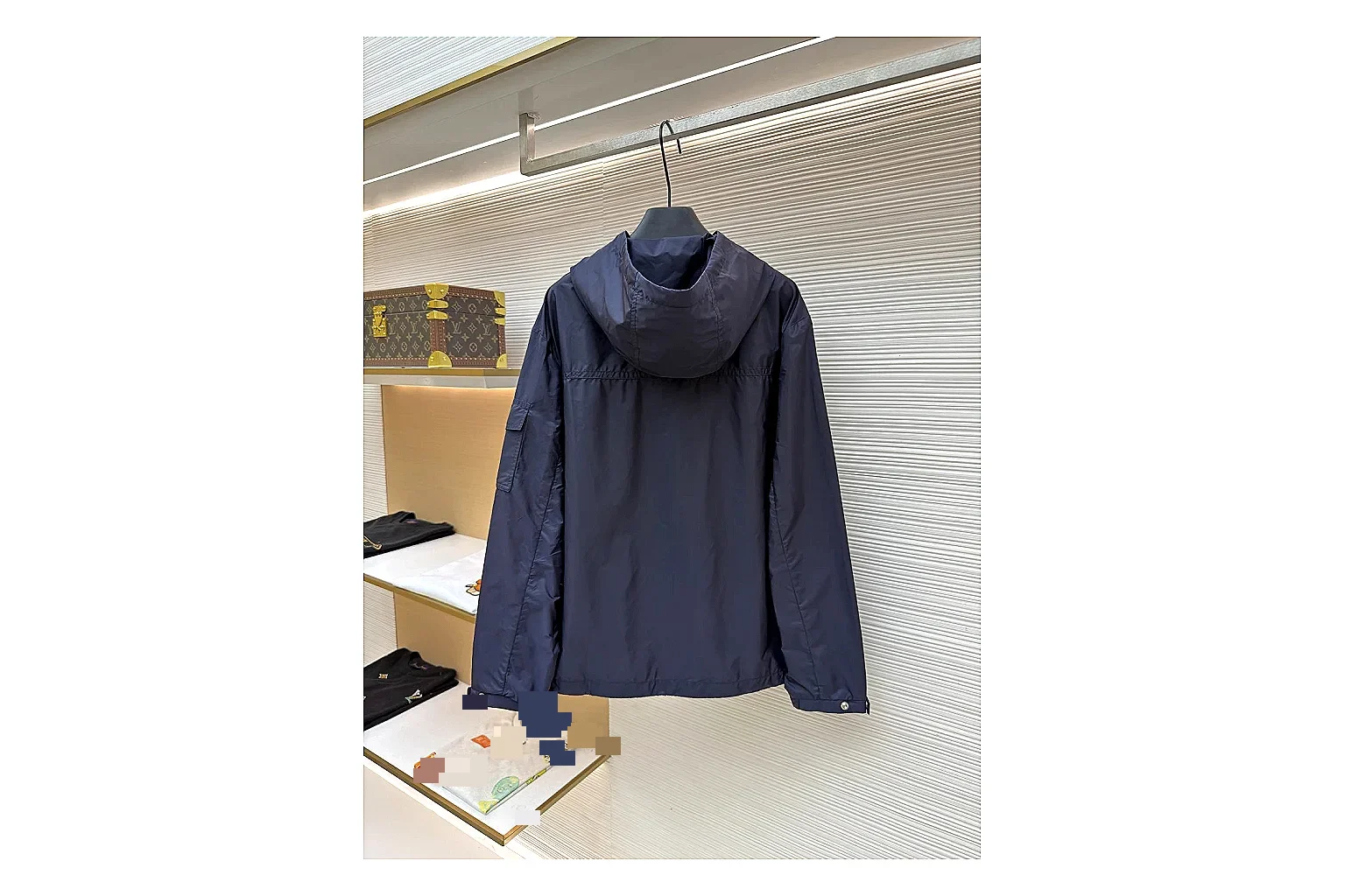 Moncler Nylon Hooded Jacket Navy Jacket shopping brief image showing navy nylon hooded jacket with nylon texture, hood structure, zipper line, sleeve cuffs, and light shell shape