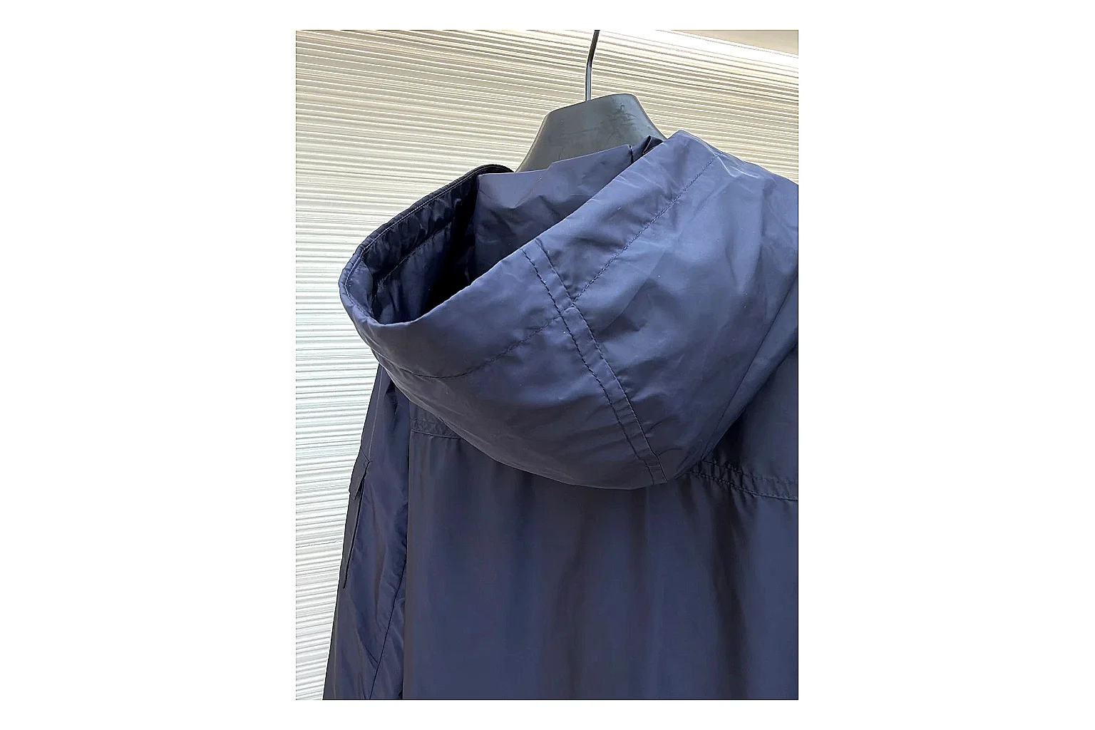 Moncler Nylon Hooded Jacket Navy Jacket shopping brief image showing navy nylon hooded jacket with nylon texture, hood structure, zipper line, sleeve cuffs, and light shell shape thumbnail 2