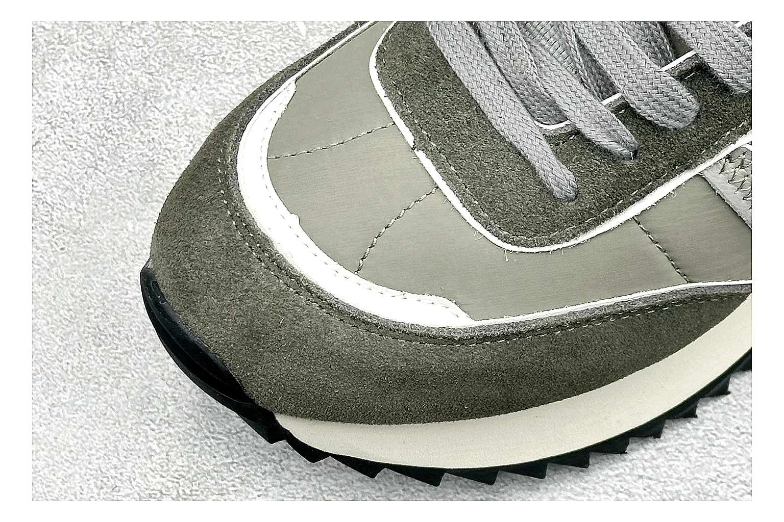 Moncler Pacey Grey Suede shopping brief image showing grey suede upper, rugged white outsole, low collar, and soft neutral streetwear tone thumbnail 3