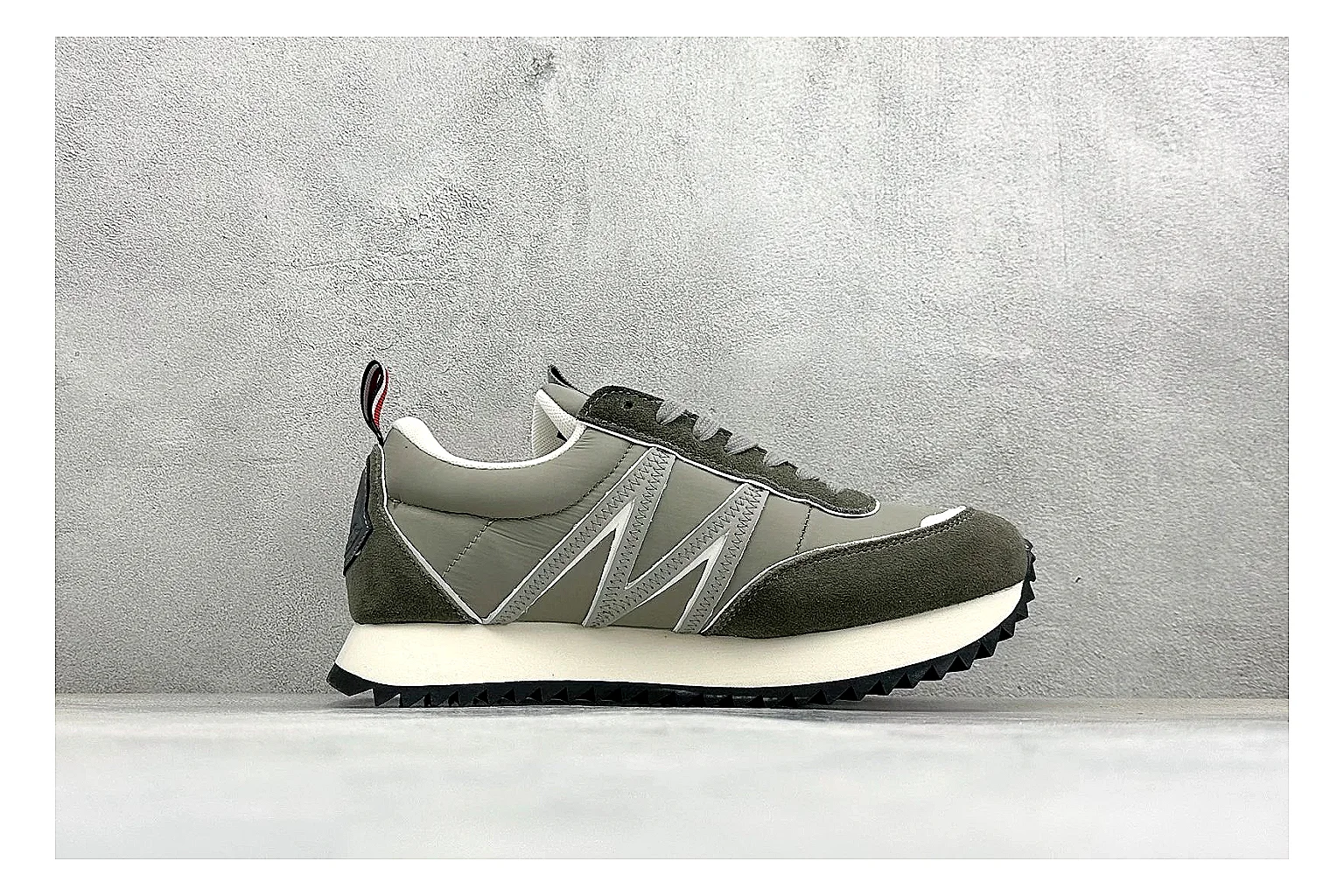 Moncler Pacey Grey Suede shopping brief image showing grey suede upper, rugged white outsole, low collar, and soft neutral streetwear tone thumbnail 4
