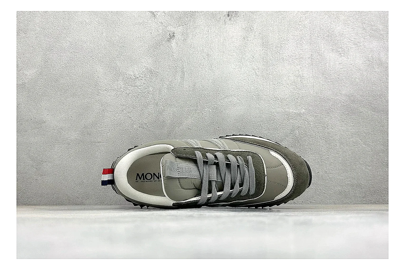 Moncler Pacey Grey Suede shopping brief image showing grey suede upper, rugged white outsole, low collar, and soft neutral streetwear tone thumbnail 5