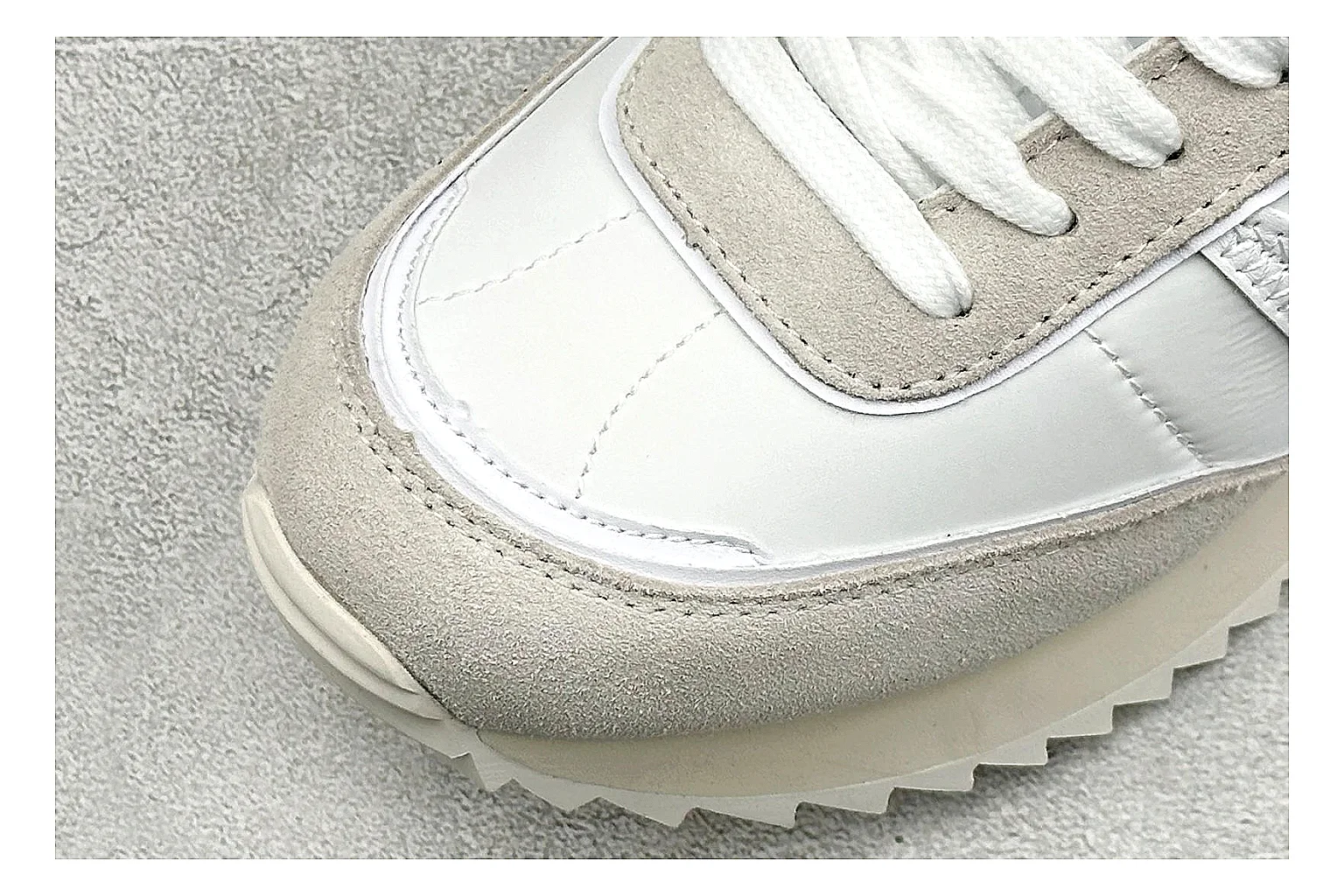 Moncler Pacey White Suede shopping brief image showing light suede upper, chunky serrated outsole, low padded collar, and tonal casual build thumbnail 3