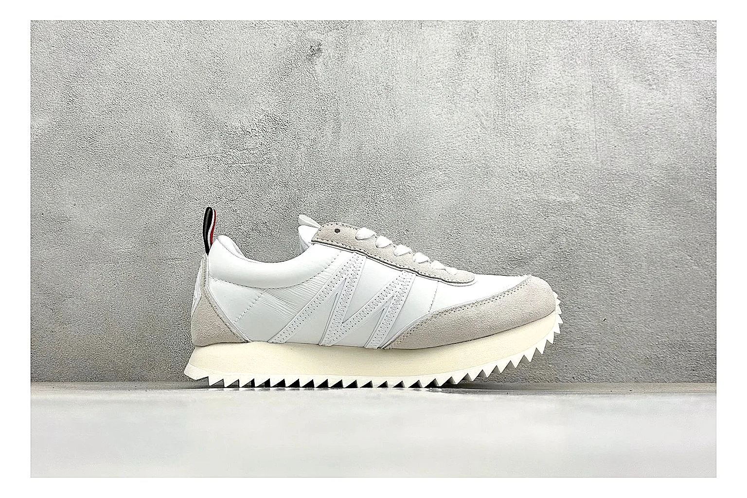 Moncler Pacey White Suede shopping brief image showing light suede upper, chunky serrated outsole, low padded collar, and tonal casual build thumbnail 4