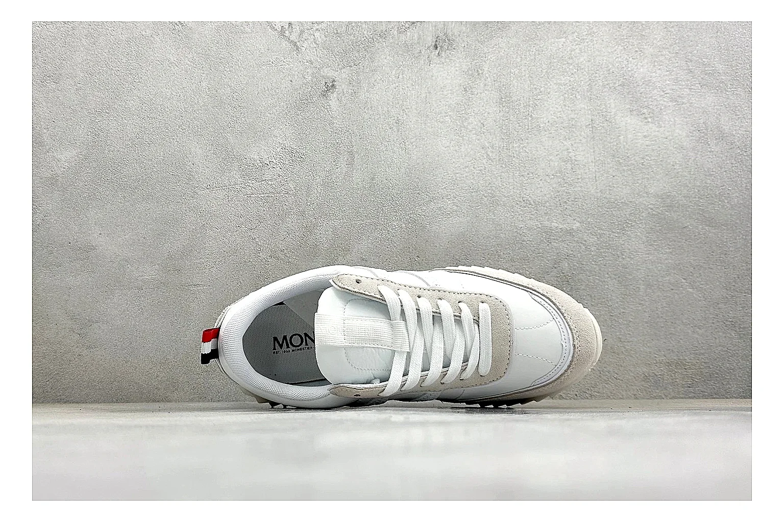 Moncler Pacey White Suede shopping brief image showing light suede upper, chunky serrated outsole, low padded collar, and tonal casual build thumbnail 5