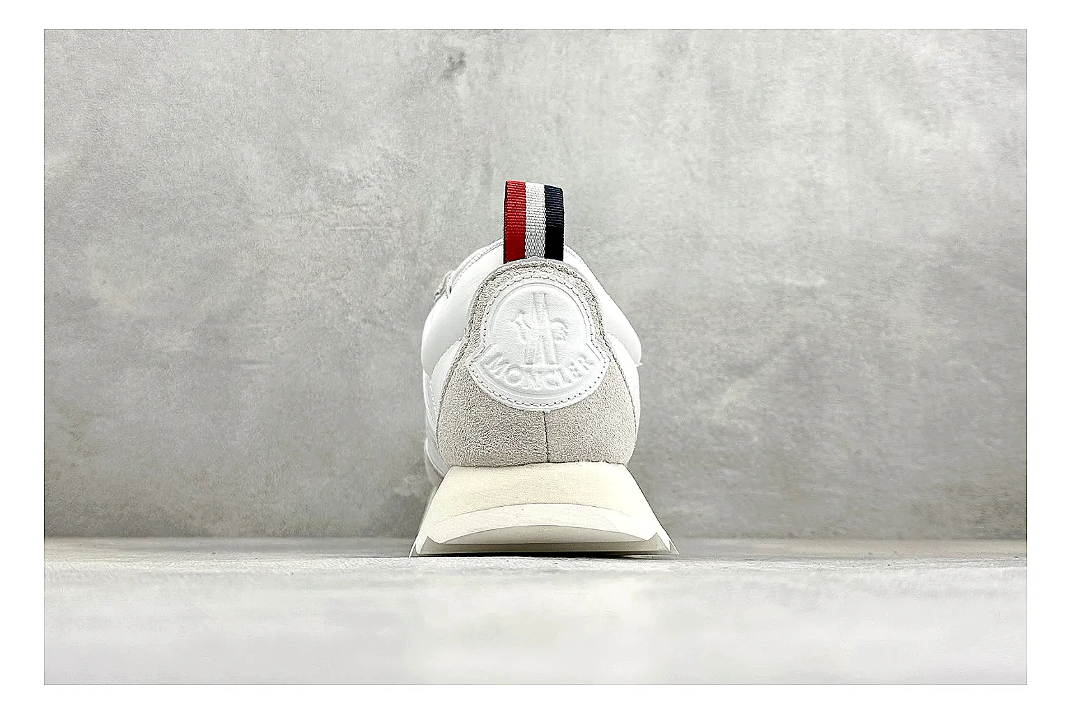 Moncler Pacey White Suede shopping brief image showing light suede upper, chunky serrated outsole, low padded collar, and tonal casual build thumbnail 6