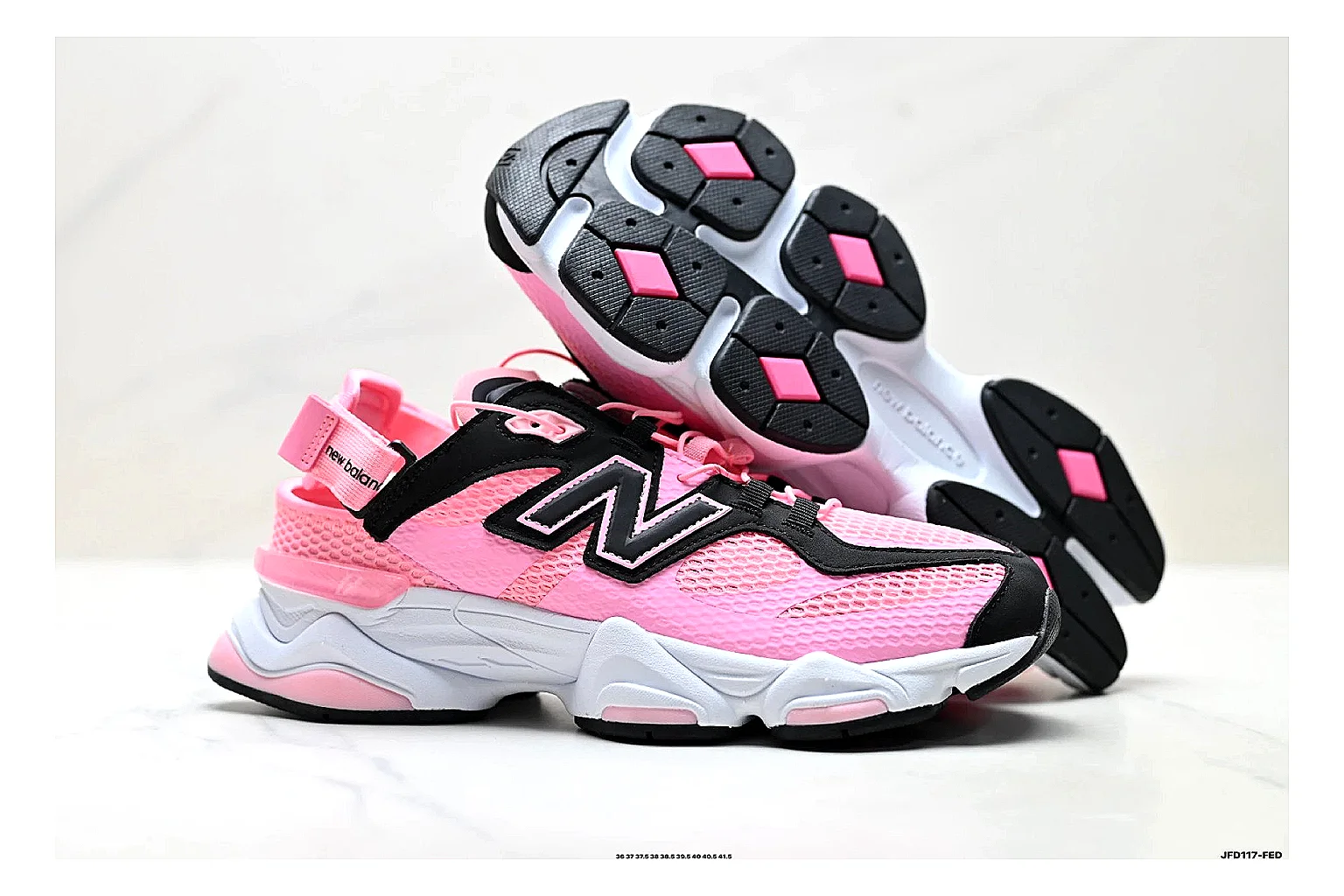 New Balance 9060 Pink Black Sneakers shopping brief image showing pink black chunky runner sneakers with mesh-leather texture, side-profile shape, upper panel lines, and outsole detail thumbnail 3