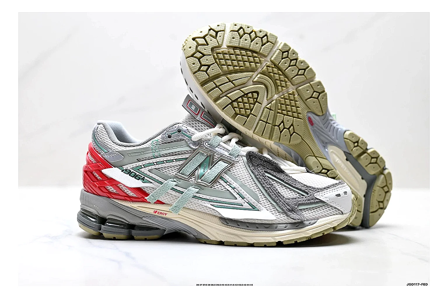 New Balance M1906 Silver Red Sneakers shopping brief image showing silver red retro runner sneakers with mesh-leather texture, side-profile shape, upper panel lines, and outsole detail thumbnail 3