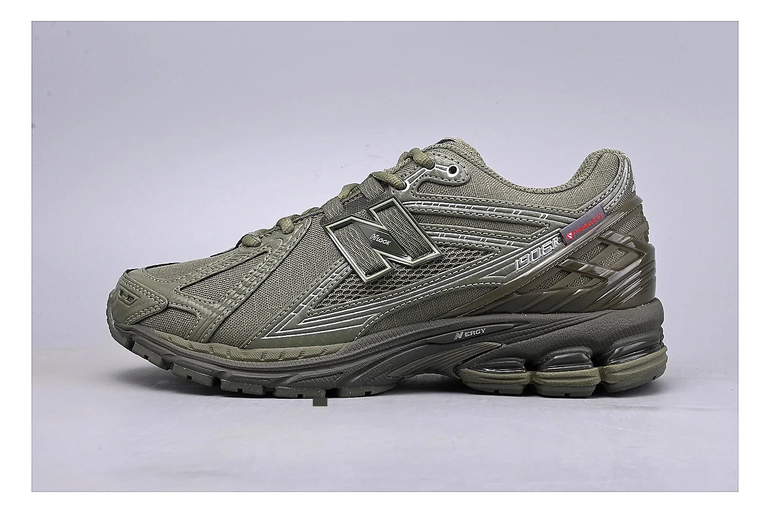 New Balance 1906R Olive Grey shopping brief image showing grey olive 1906r runner with mixed upper and runner shape