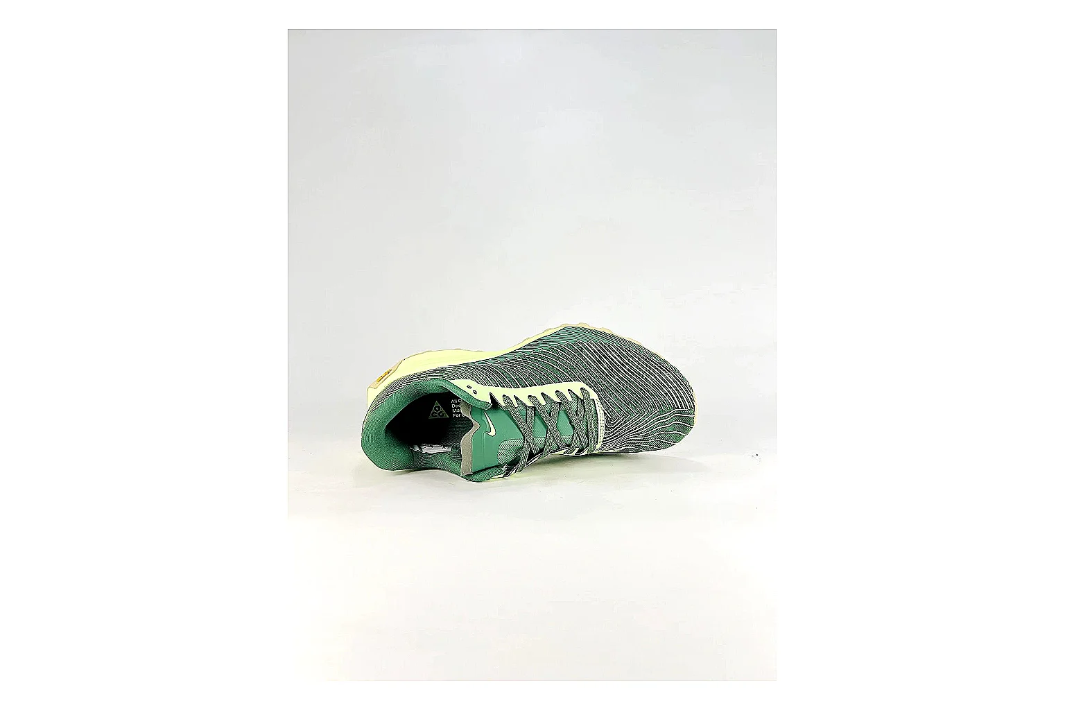 Nike ACG Ultra Green Lime Sneakers shopping brief image showing green lime outdoor sneakers with textile texture, side-profile shape, upper panel lines, and outsole detail thumbnail 5
