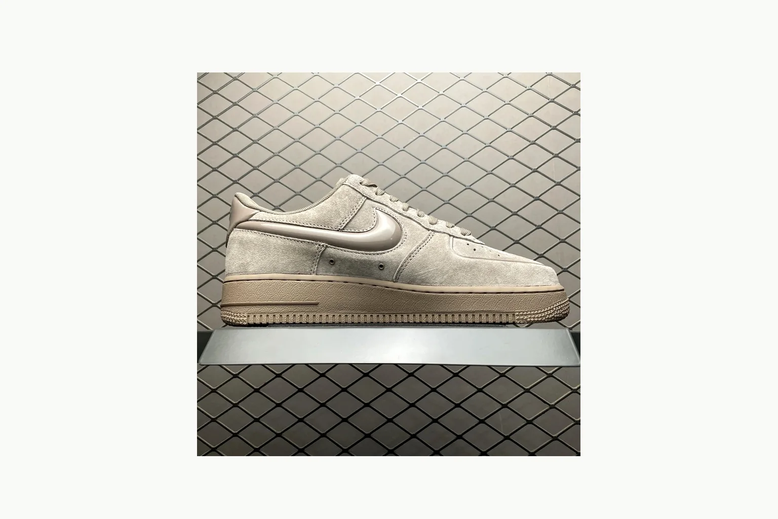 Nike Air Force 1 Beige Sneaker shopping brief image showing silver beige air force 1 low-top with mixed upper and low top shape