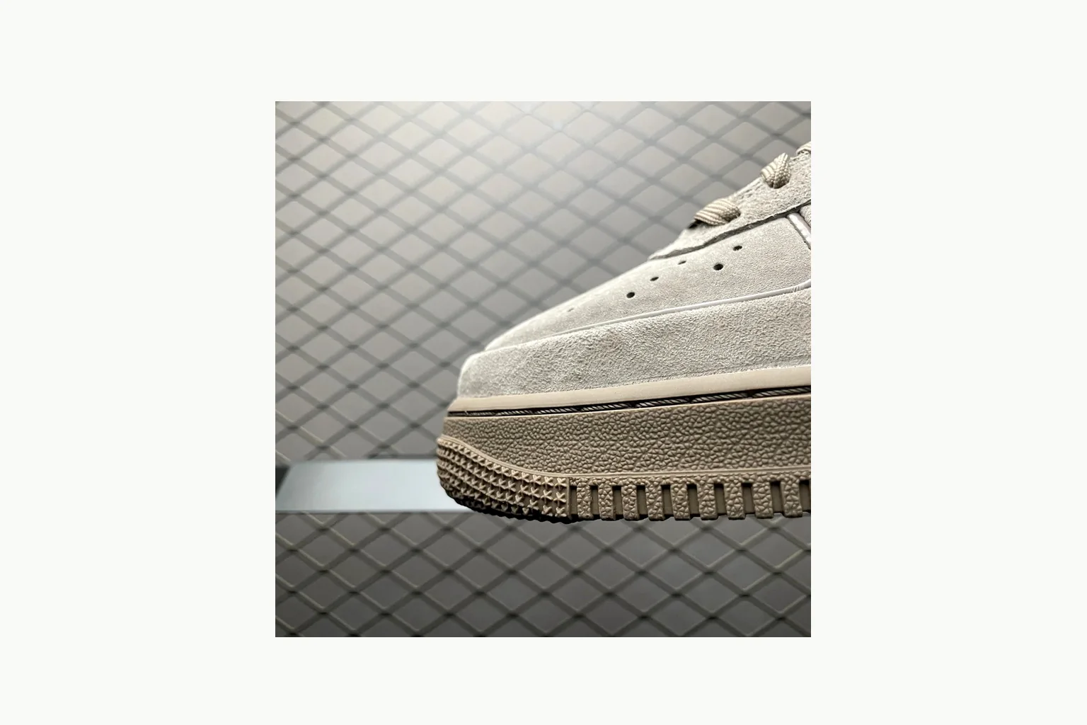 Nike Air Force 1 Beige Sneaker shopping brief image showing silver beige air force 1 low-top with mixed upper and low top shape thumbnail 3
