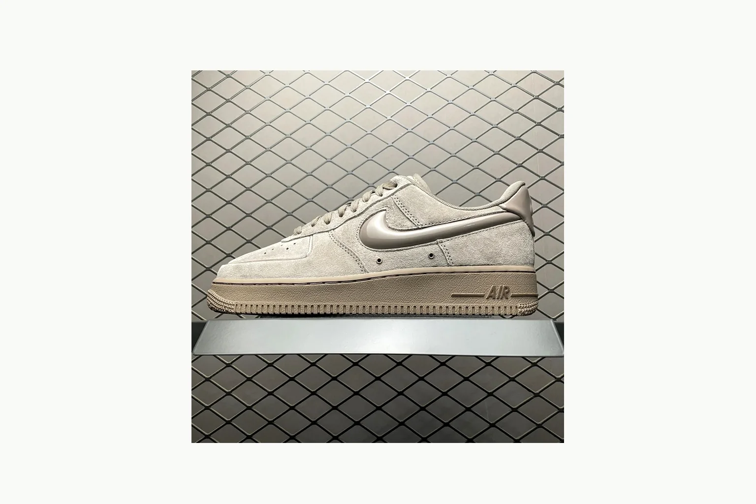 Nike Air Force 1 Beige Sneaker shopping brief image showing silver beige air force 1 low-top with mixed upper and low top shape thumbnail 4