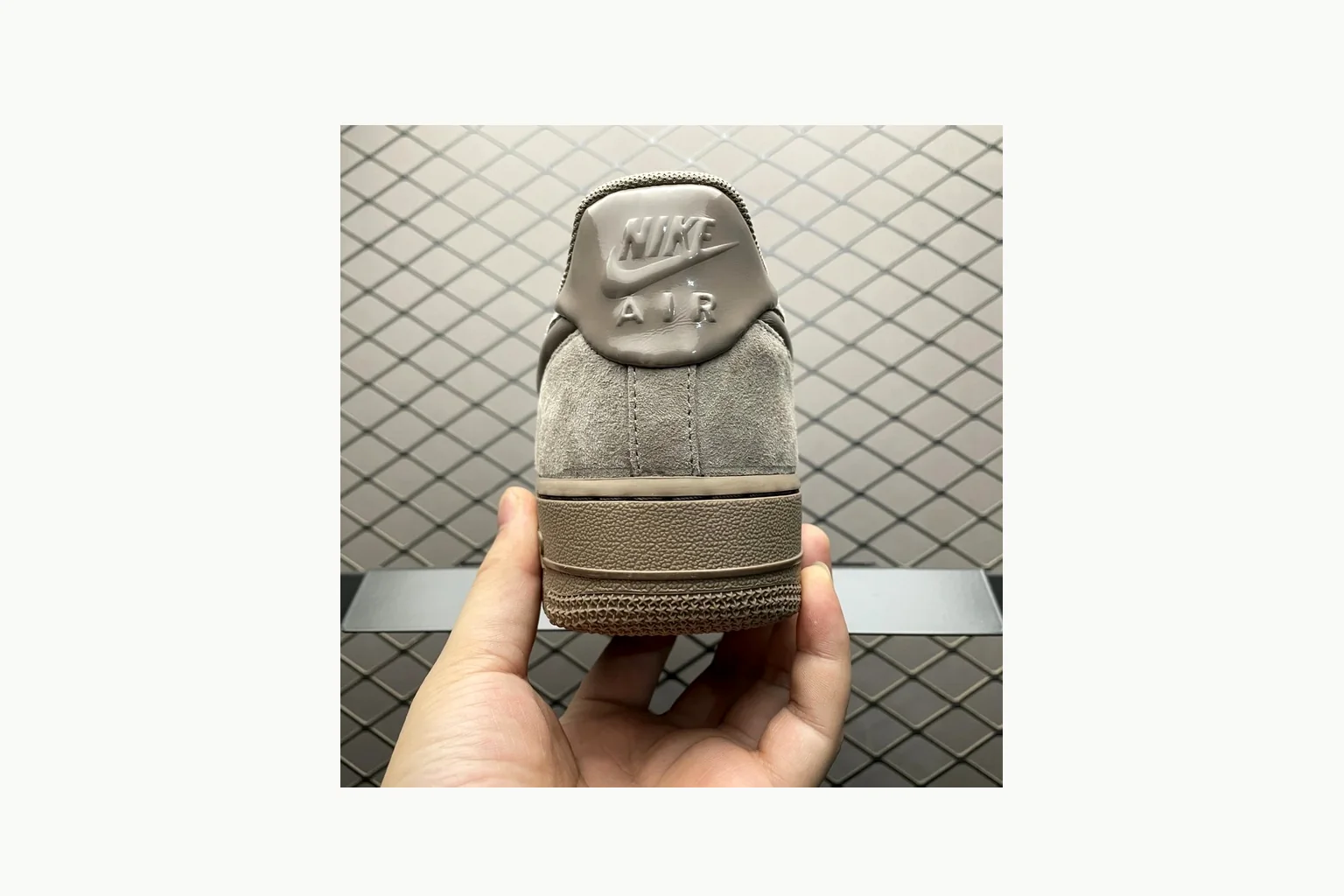 Nike Air Force 1 Beige Sneaker shopping brief image showing silver beige air force 1 low-top with mixed upper and low top shape thumbnail 5