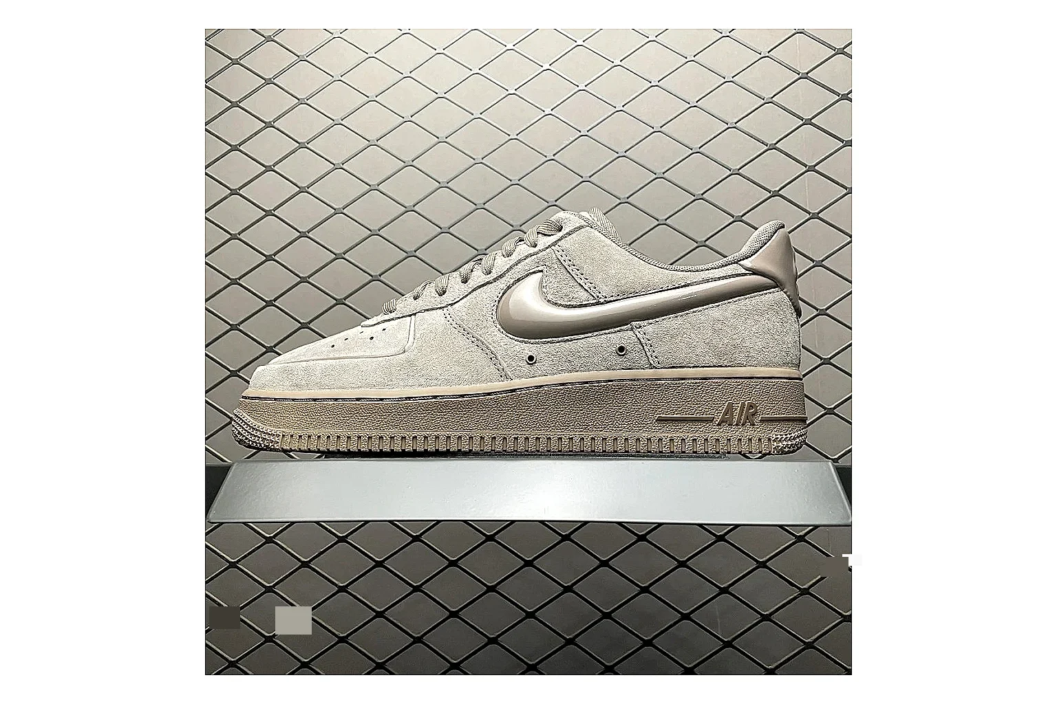Nike Air Force 1 White Silver shopping brief image showing white silver air force 1 low-top with mixed upper and low top shape