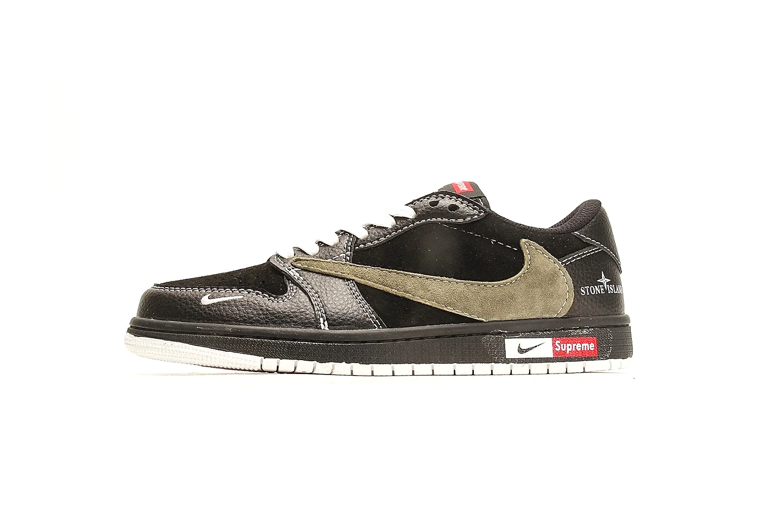 Nike Air Court Connect Black Olive Low Top shopping brief photo showing black low-top upper, olive Swoosh, white laces, side text graphics, and red accent details