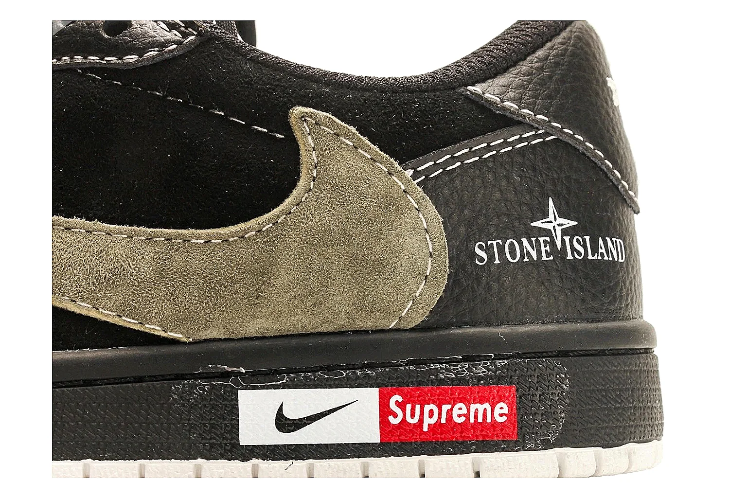 Nike Air Court Connect Black Olive Low Top shopping brief photo showing black low-top upper, olive Swoosh, white laces, side text graphics, and red accent details thumbnail 3
