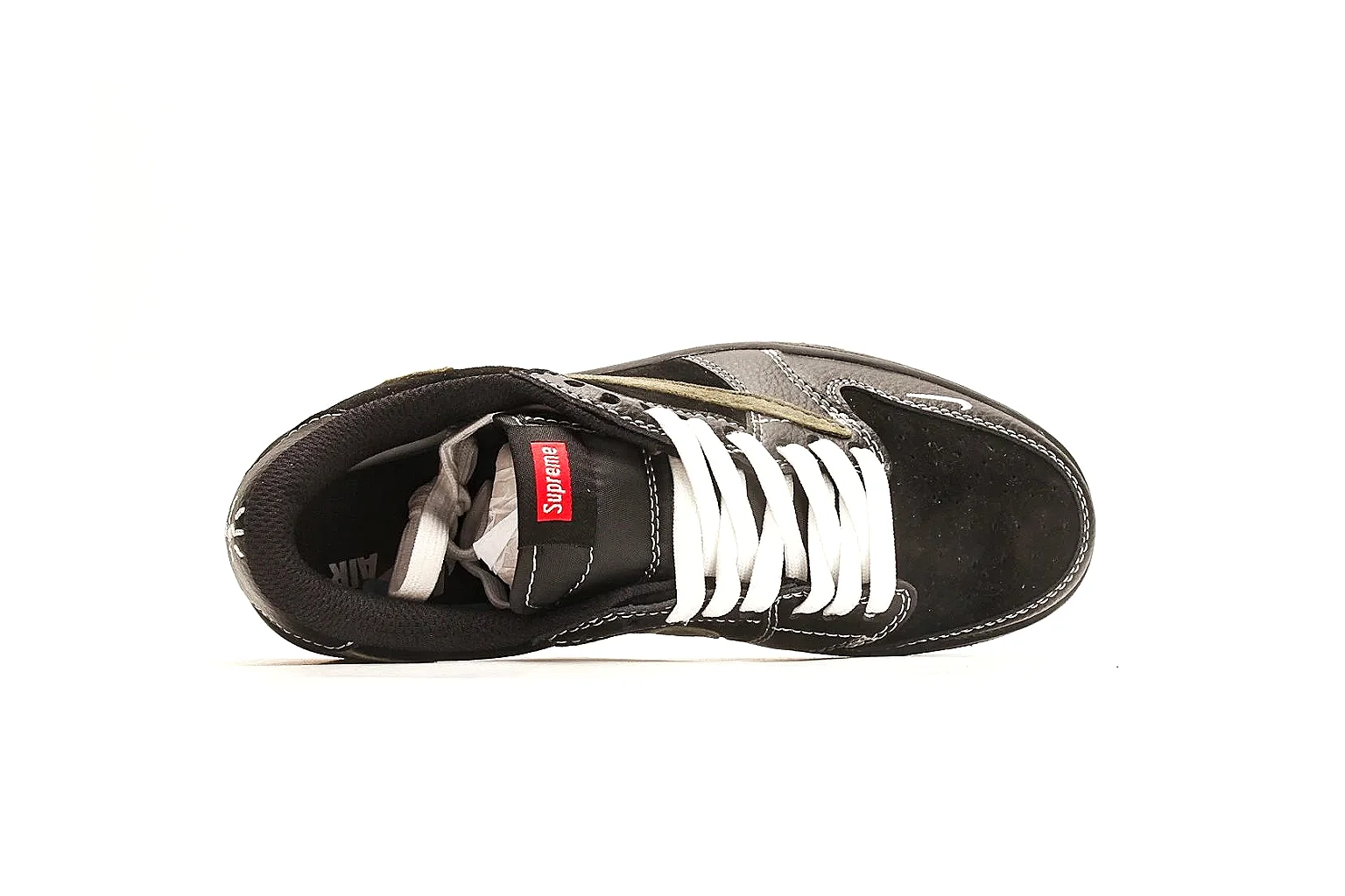 Nike Air Court Connect Black Olive Low Top shopping brief photo showing black low-top upper, olive Swoosh, white laces, side text graphics, and red accent details thumbnail 5