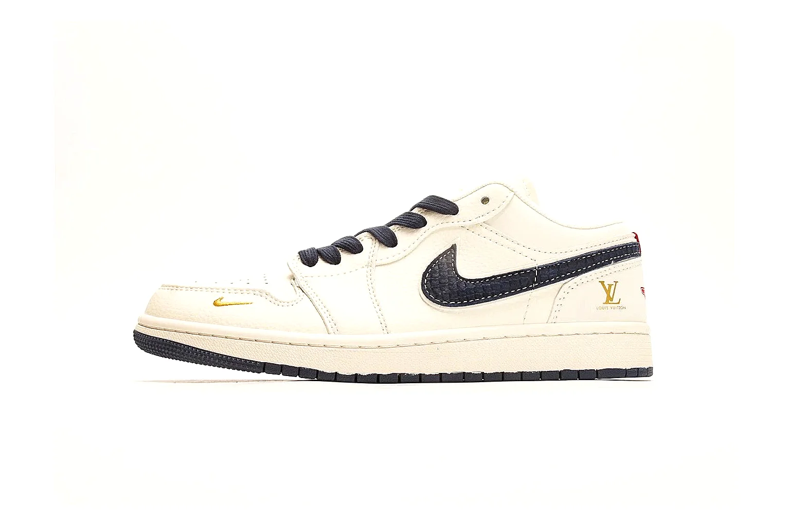 Nike Air Court Cream Navy Low Top shopping brief photo showing cream leather upper, navy Swoosh, dark laces, red heel accents, and gold side graphics