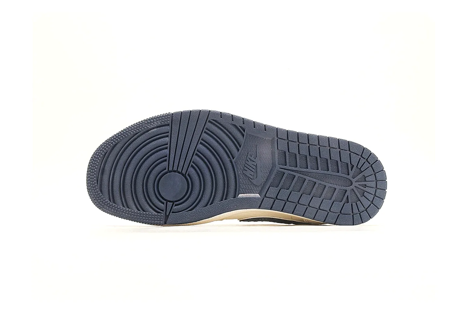Nike Air Court Cream Navy Low Top shopping brief photo showing cream leather upper, navy Swoosh, dark laces, red heel accents, and gold side graphics thumbnail 2
