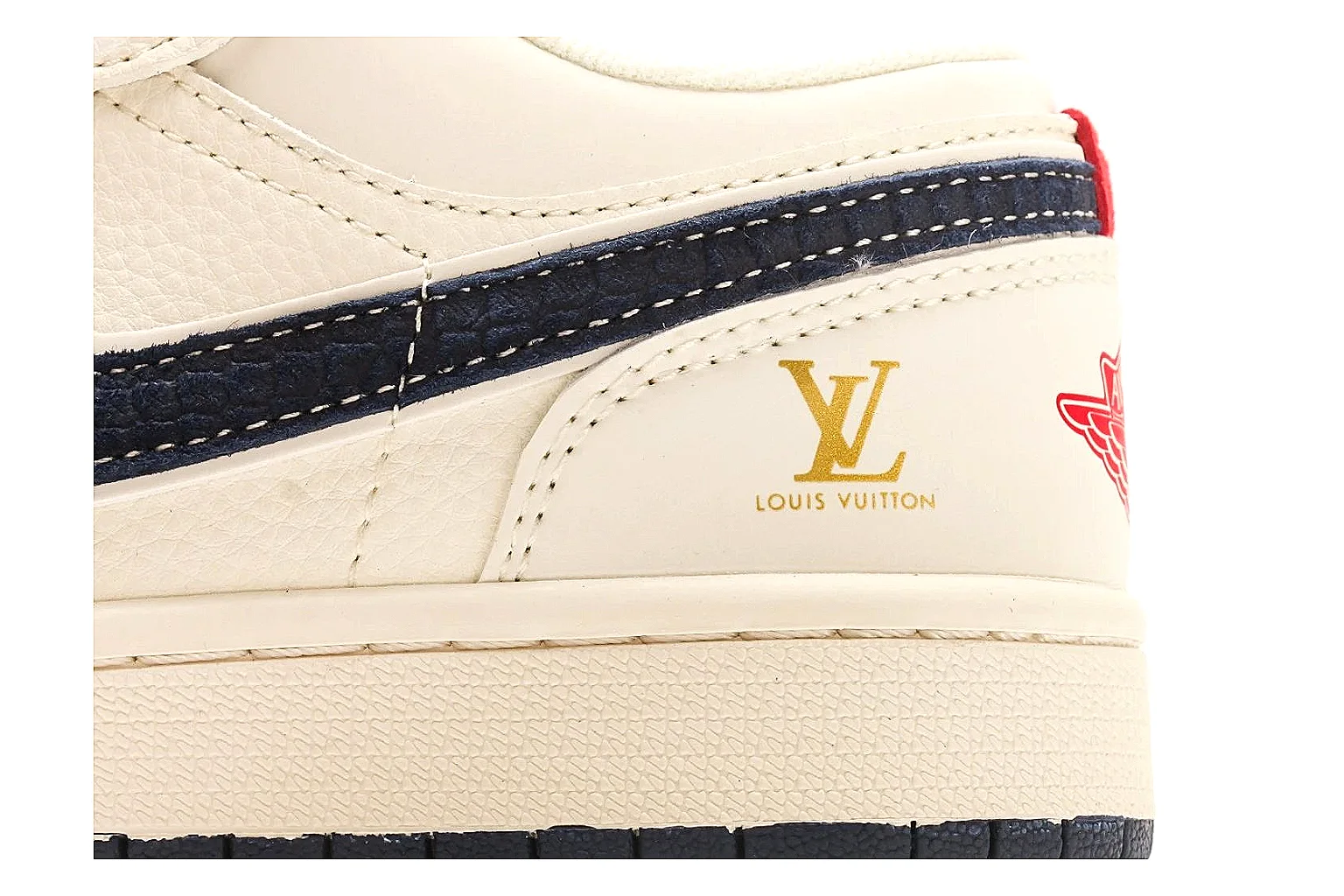 Nike Air Court Cream Navy Low Top shopping brief photo showing cream leather upper, navy Swoosh, dark laces, red heel accents, and gold side graphics thumbnail 3