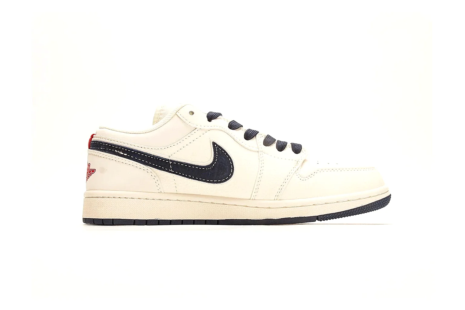 Nike Air Court Cream Navy Low Top shopping brief photo showing cream leather upper, navy Swoosh, dark laces, red heel accents, and gold side graphics thumbnail 4