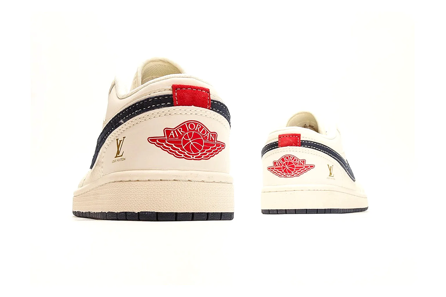 Nike Air Court Cream Navy Low Top shopping brief photo showing cream leather upper, navy Swoosh, dark laces, red heel accents, and gold side graphics thumbnail 6