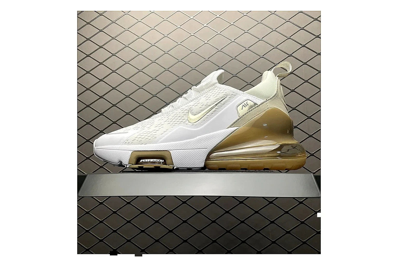 Nike Air Max DN White Gold Sneaker shopping brief image showing white gold air max dn sneaker with mixed upper and low top shape