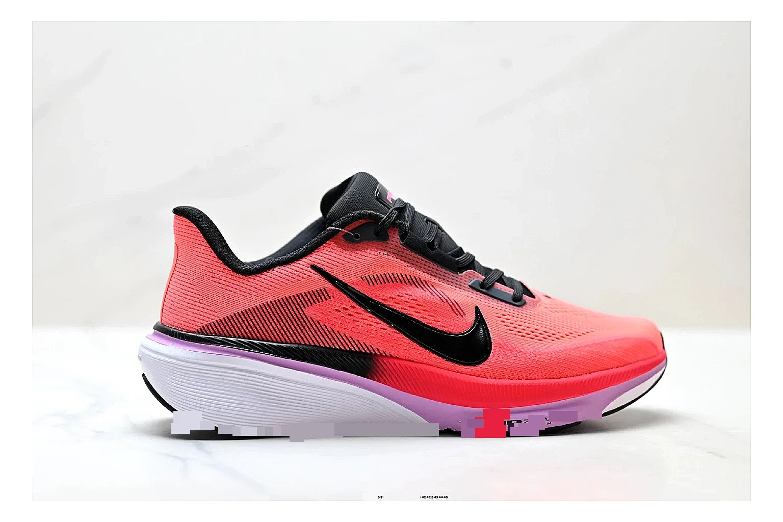 Nike Air Zoom Pegasus Pink Black Sneakers shopping brief image showing pink black running sneakers with mesh texture, side-profile shape, upper panel lines, and outsole detail
