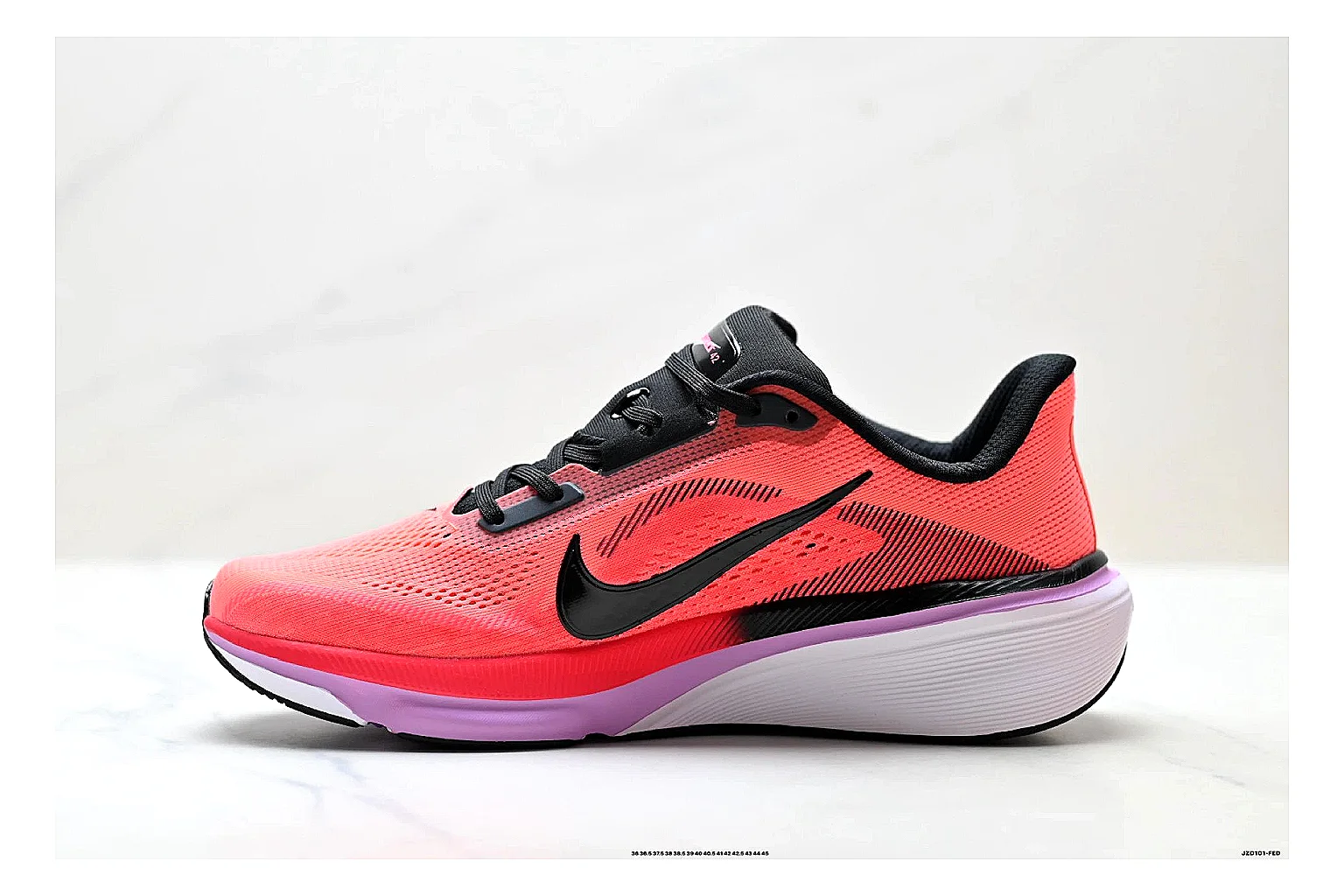 Nike Air Zoom Pegasus Pink Black Sneakers shopping brief image showing pink black running sneakers with mesh texture, side-profile shape, upper panel lines, and outsole detail thumbnail 4