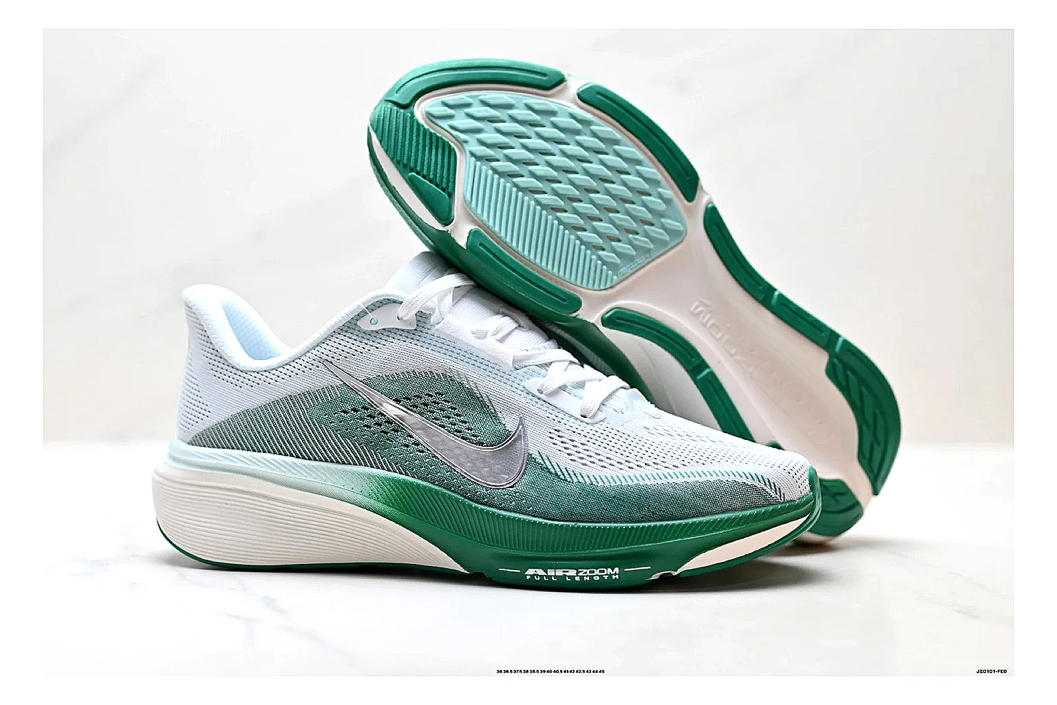Nike Air Zoom Pegasus White Green Sneakers shopping brief image showing white green running sneakers with mesh texture, side-profile shape, upper panel lines, and outsole detail thumbnail 3