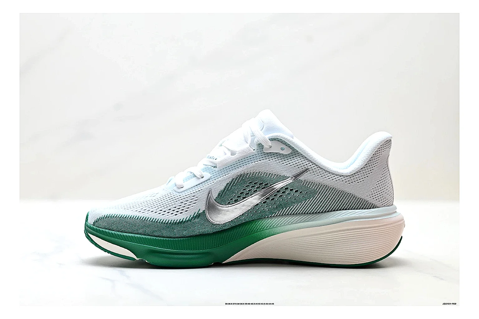Nike Air Zoom Pegasus White Green Sneakers shopping brief image showing white green running sneakers with mesh texture, side-profile shape, upper panel lines, and outsole detail thumbnail 4