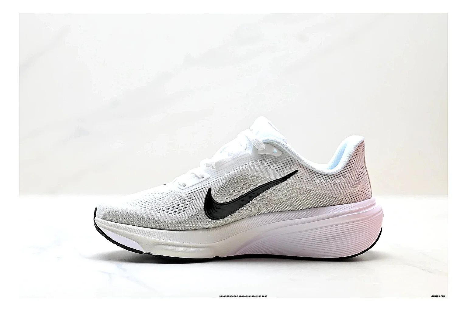 Nike Air Zoom Pegasus White Pink Sneakers shopping brief image showing white pink running sneakers with mesh texture, side-profile shape, upper panel lines, and outsole detail thumbnail 4