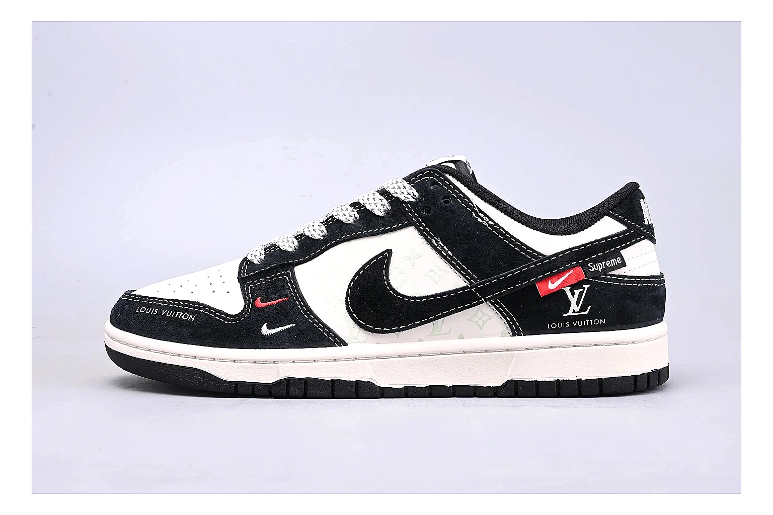 Nike Dunk Low Black White shopping brief photo showing black and white leather panels, low Dunk silhouette, padded collar, and basketball-retro sole
