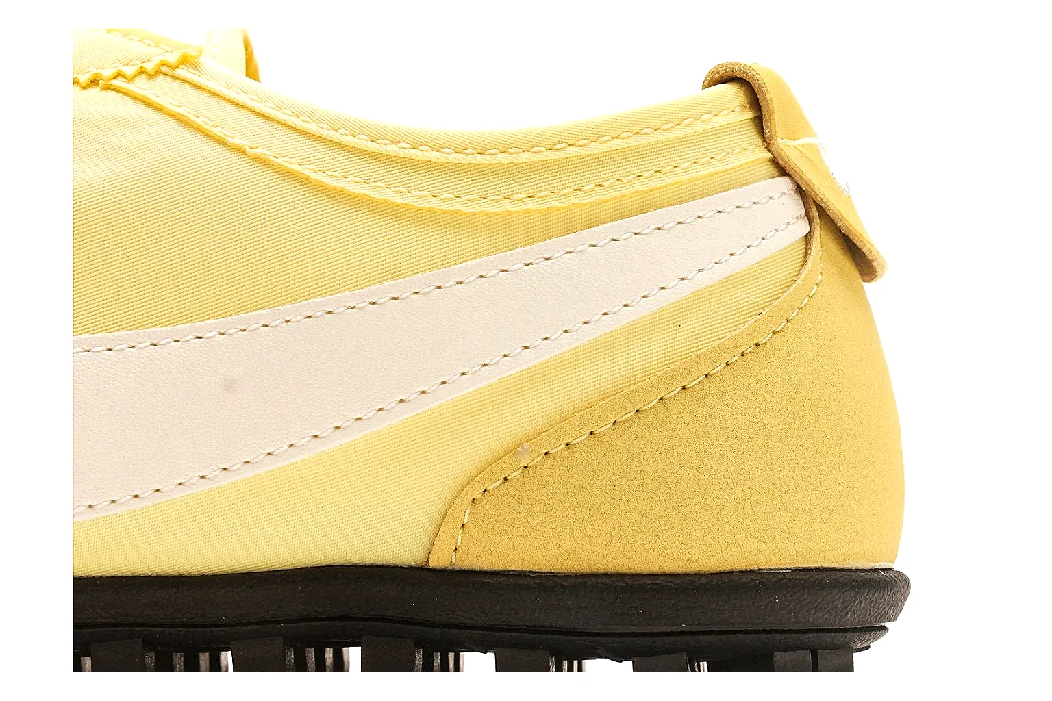 Nike Moon Yellow Retro Runner shopping brief photo showing yellow slim runner upper, white Swoosh, low retro profile, white midsole, and black waffle outsole thumbnail 3