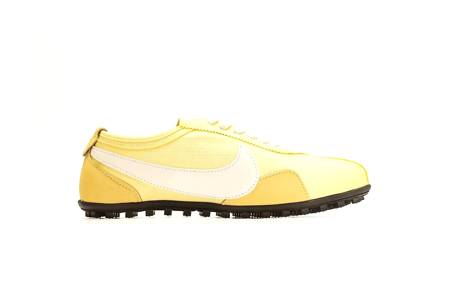 Nike Moon Yellow Retro Runner shopping brief photo showing yellow slim runner upper, white Swoosh, low retro profile, white midsole, and black waffle outsole thumbnail 4