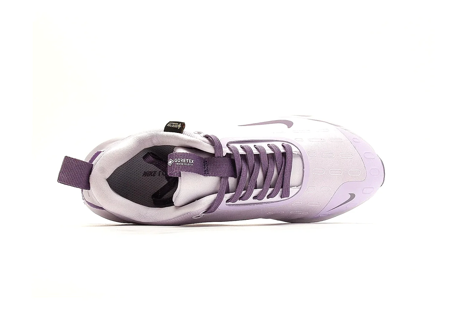 Nike ReactX GORE-TEX Lilac Sneakers shopping brief photo showing lilac textile upper, small Swoosh, heel pull tabs, cushioned ReactX-style sole, and weather-ready low profile thumbnail 5
