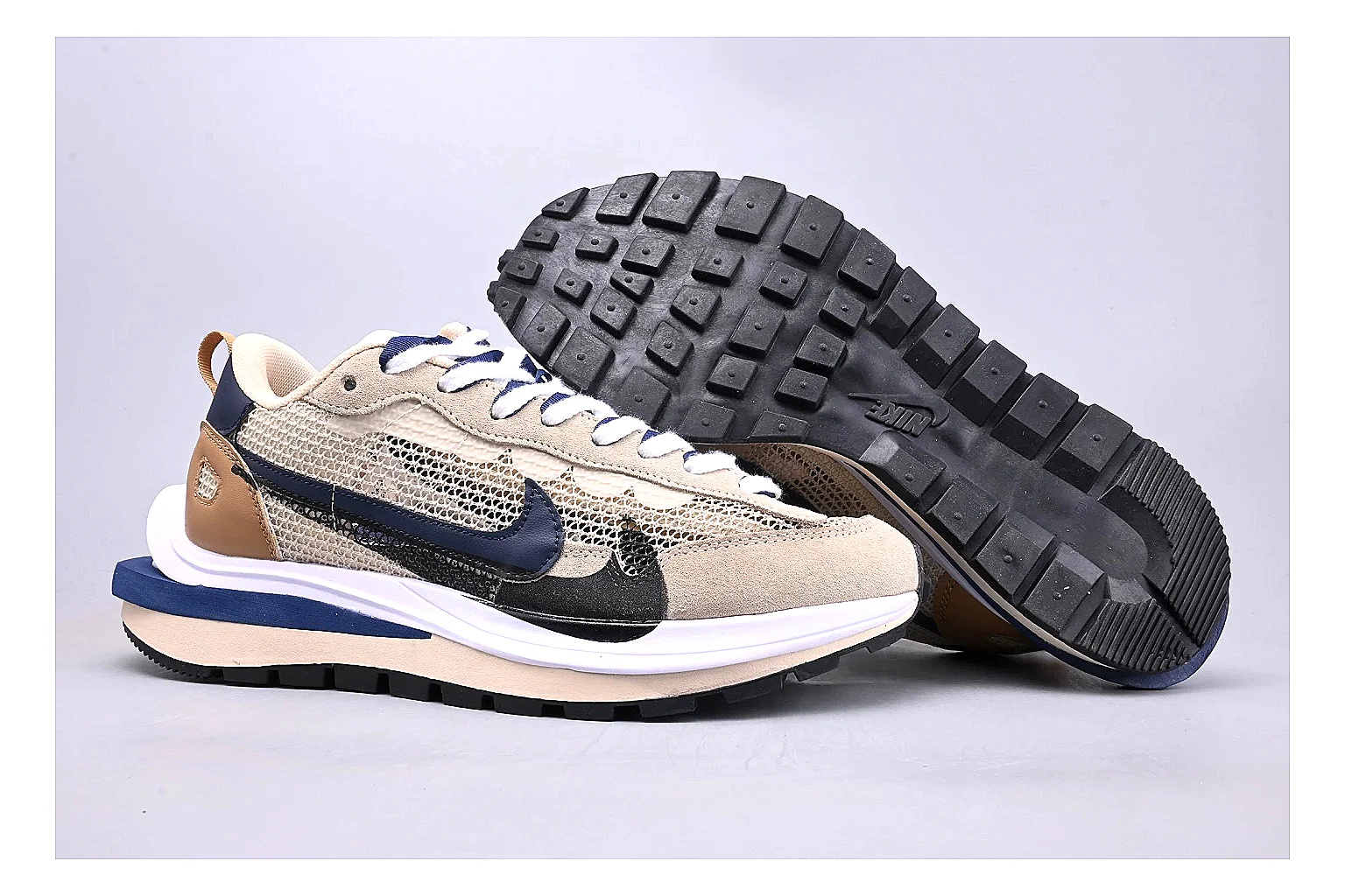 Nike Retro Runner Beige Blue shopping brief photo showing beige suede-mesh runner upper, blue accent panels, low retro profile, and cushioned running sole thumbnail 6