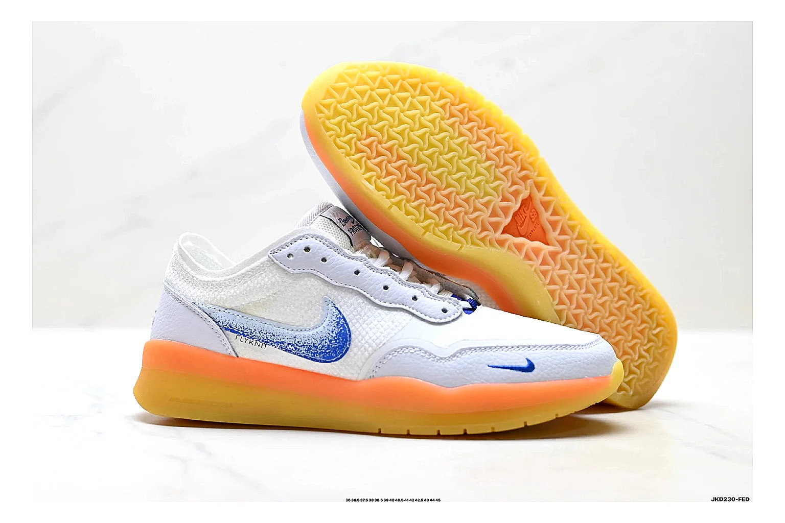 Nike SB PS8 White Blue Sneakers shopping brief image showing white blue skate sneakers with leather texture, side-profile shape, upper panel lines, and outsole detail thumbnail 3