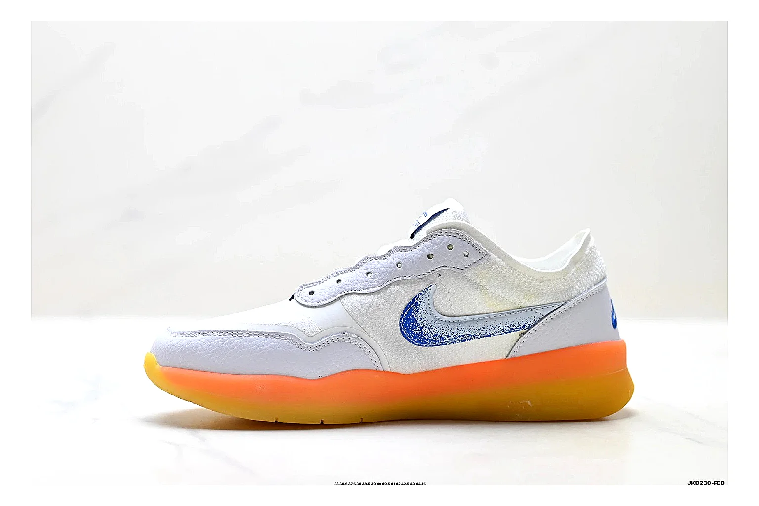 Nike SB PS8 White Blue Sneakers shopping brief image showing white blue skate sneakers with leather texture, side-profile shape, upper panel lines, and outsole detail thumbnail 4