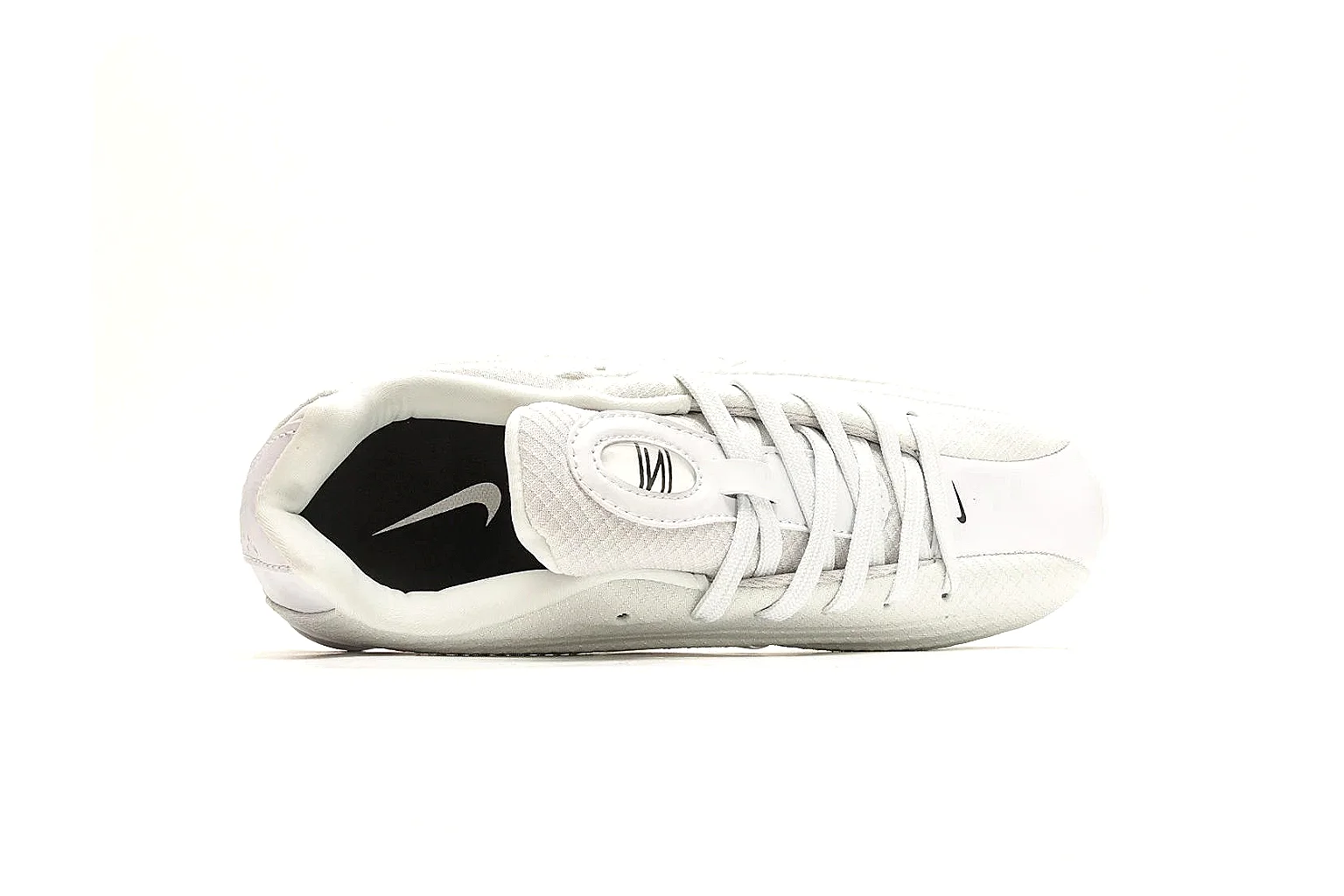 Nike Shox Z White Sneakers shopping brief photo showing white streamlined layered upper, small Swoosh, black heel cushioning columns, and modern low runner shape thumbnail 5